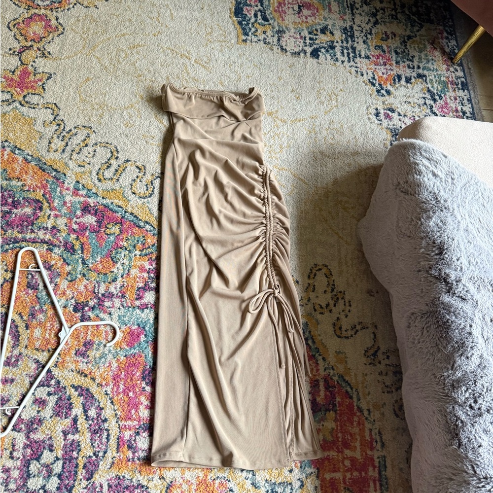 Beige Ruched Side Maxi Dress Strapless